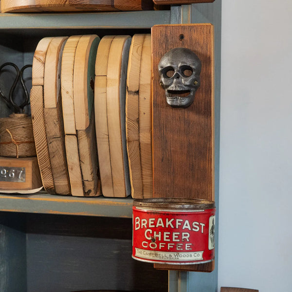 Handcrafted Wall Bottle Opener w/ Skull and Vintage Breakfast Cheer Can