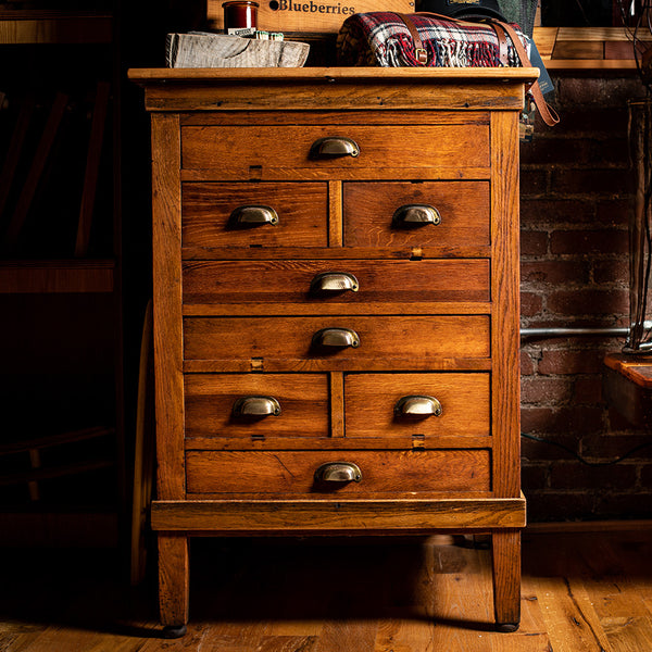 Vintage Reclaimed 8 Drawer Wood Chest with Brass Pulls